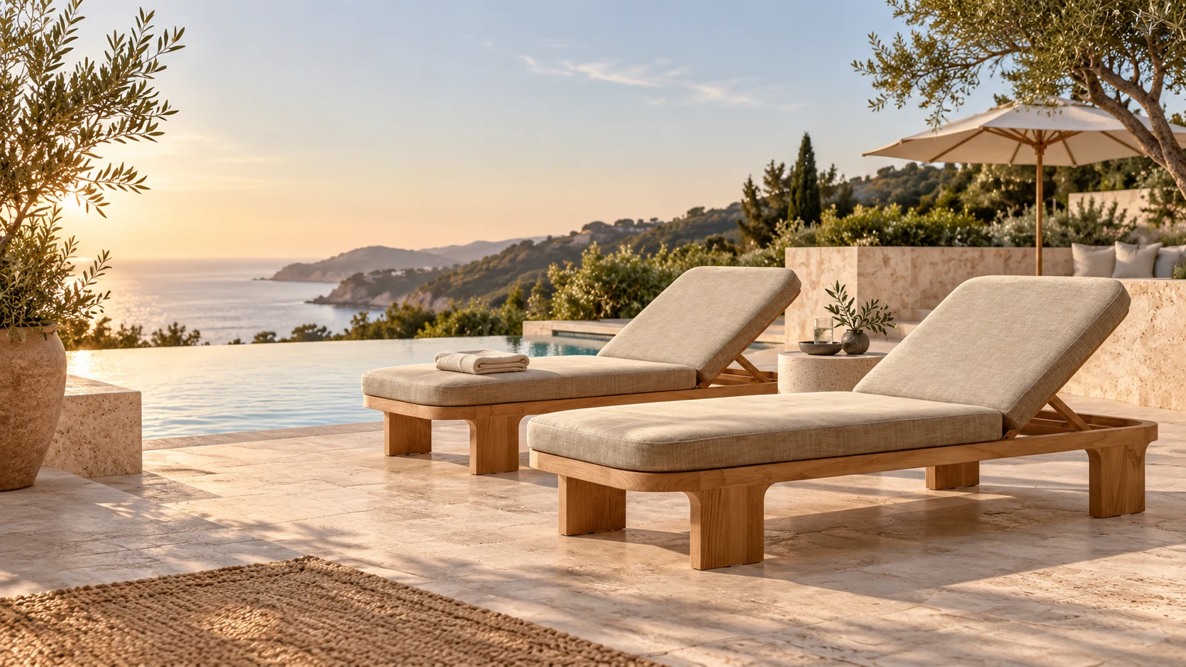 Teak loungers beside a resort-style pool — generated setting