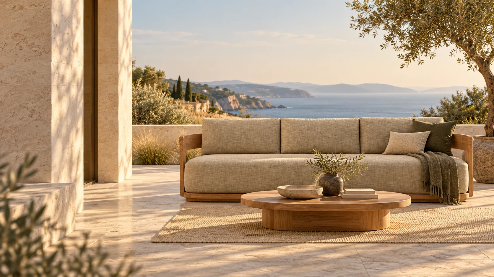 Teak sofa on an architectural terrace — generated setting